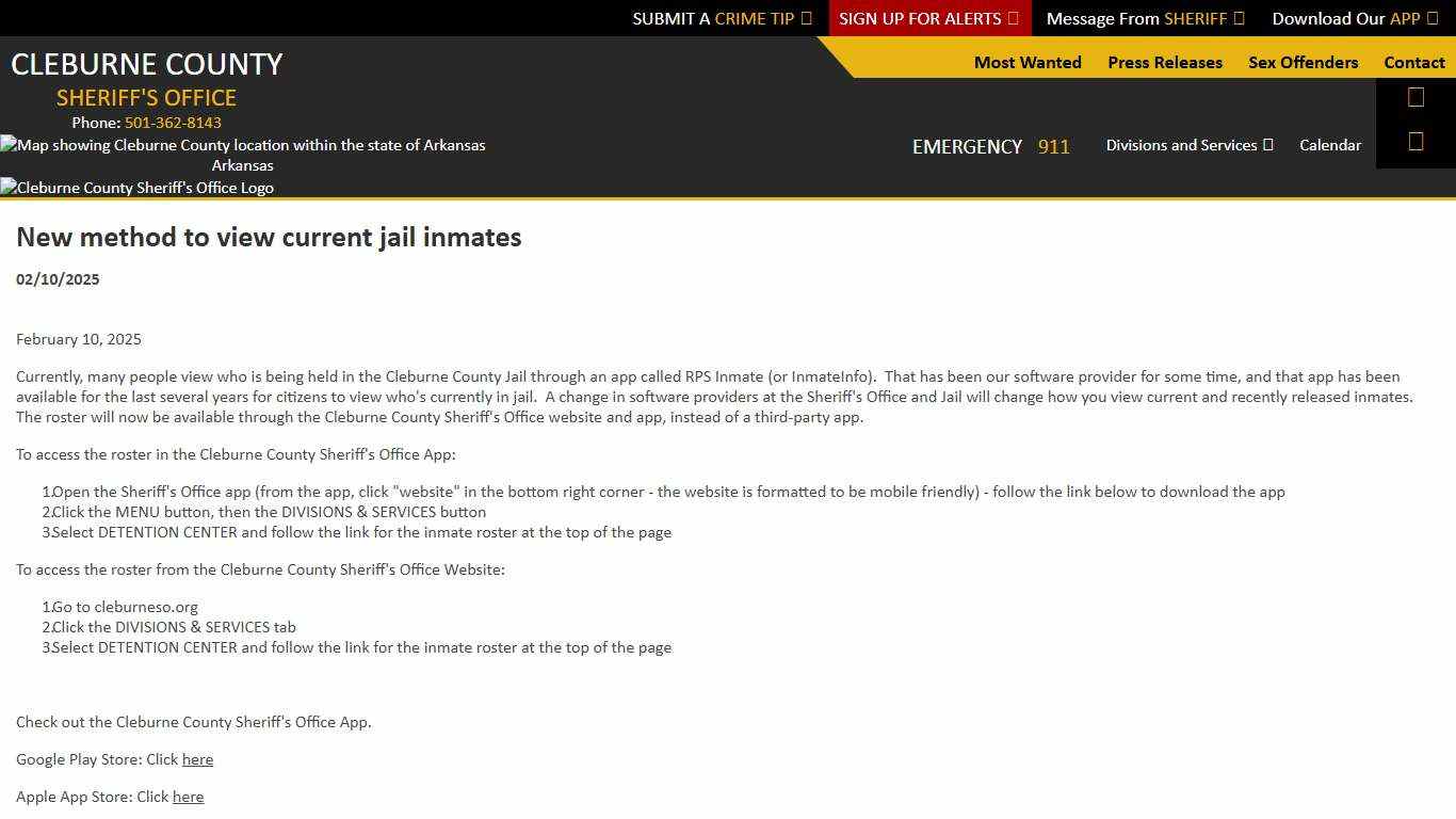 New method to view current jail inmates (02/10/2025) - Press Releases - Cleburne County Sheriff AR